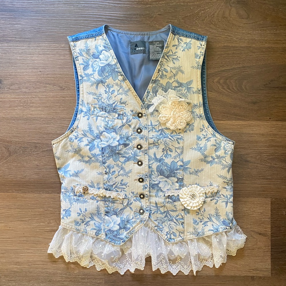 Blue Floral Lace-Trim Vest by Laura Ashley
